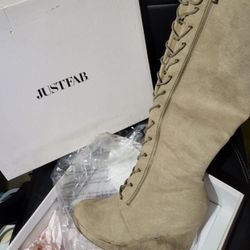 KneeHigh Lace/zip Up Wedge Boots - 10W- Taupe/Tan