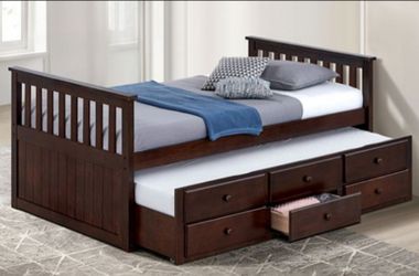 Brand New Espresso Twin Bed Frame w Trundle Bed + Drawers