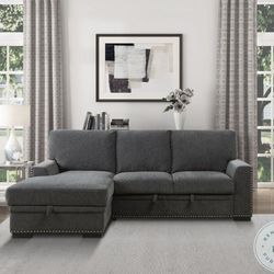 2 piece fabric sectional with sleeper and storage chaise 