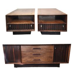 Mid Century Lane Tower Suite Walnut and Rosewood Side Tables And Carranza Dresser