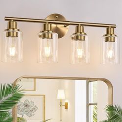 4-Light Bathroom Light Fixtures, Brushed Brass Modern Vanity Lights with Cyan Glass Shades, Bathroom Wall Lamp for Mirror Kitchen Living Room