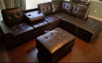 3-PC Espresso Brown Sectional w/ Storage Ottoman & Cupholder “Sale”