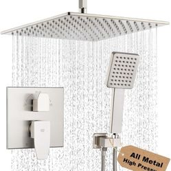 12 Inch Ceiling Mount Shower Faucet Set Brushed Nickel Ceiling Rainfall Shower Head and Handle Set Bathroom Rain Shower System Include Shower Valve an