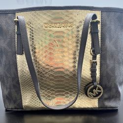 Reduced!!!MICHAEL KORS Jet Set Travel Center Stripe Small Leather Tote-Brown/Gold