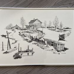 Black And White Farmhouse Scene By Mark Wheeler Framed Art