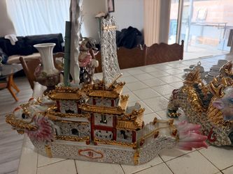 Vintage Chinese Porcelain Dragon Ship Immortals