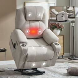 #319AB Beige Chenille Power Lift Recliner Chair with Massage&Heating, USB&Type-C Ports, 2 Cup Holders, Up to 350 LBS