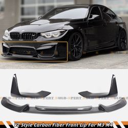 FOR 15-20 BMW M3 M4 V2 STYLE CARBON FIBER FRONT LIP + 2 PC MP BUMPER SPLITTERS