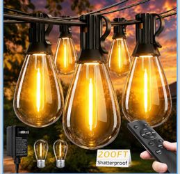200FT LED Outdoor String Lights with Remote, 72+2 Shatterproof Bulbs Dimmable Timing 3 Light Modes Outside Patio Lights for Backyard Porch Deck Garden
