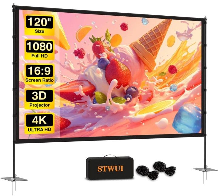 Outdoor-Projector-Screen-with-Stand - 120 inch Portable Projector Screen Indoor Outdoor Projector Screens 16:9 4K HD Lightweight Movie Screen with Car