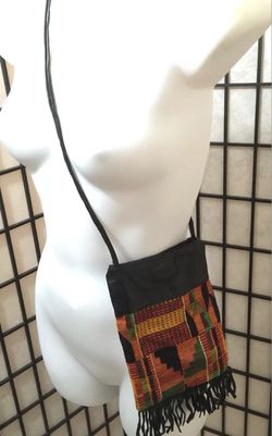 African Print Leather And Fringe Crossbody Strap Purse