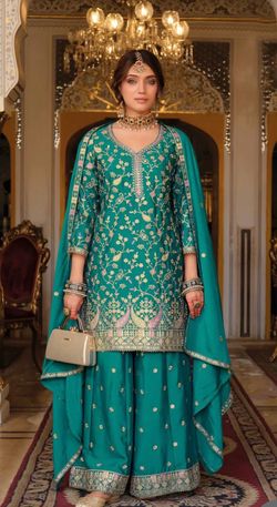 Teal Green Chinon Silk Embroidered Sharara Style Suit