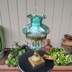 Fenton Spruce Green Carnival Glass Hand Painted Floral Student Lamp HTF