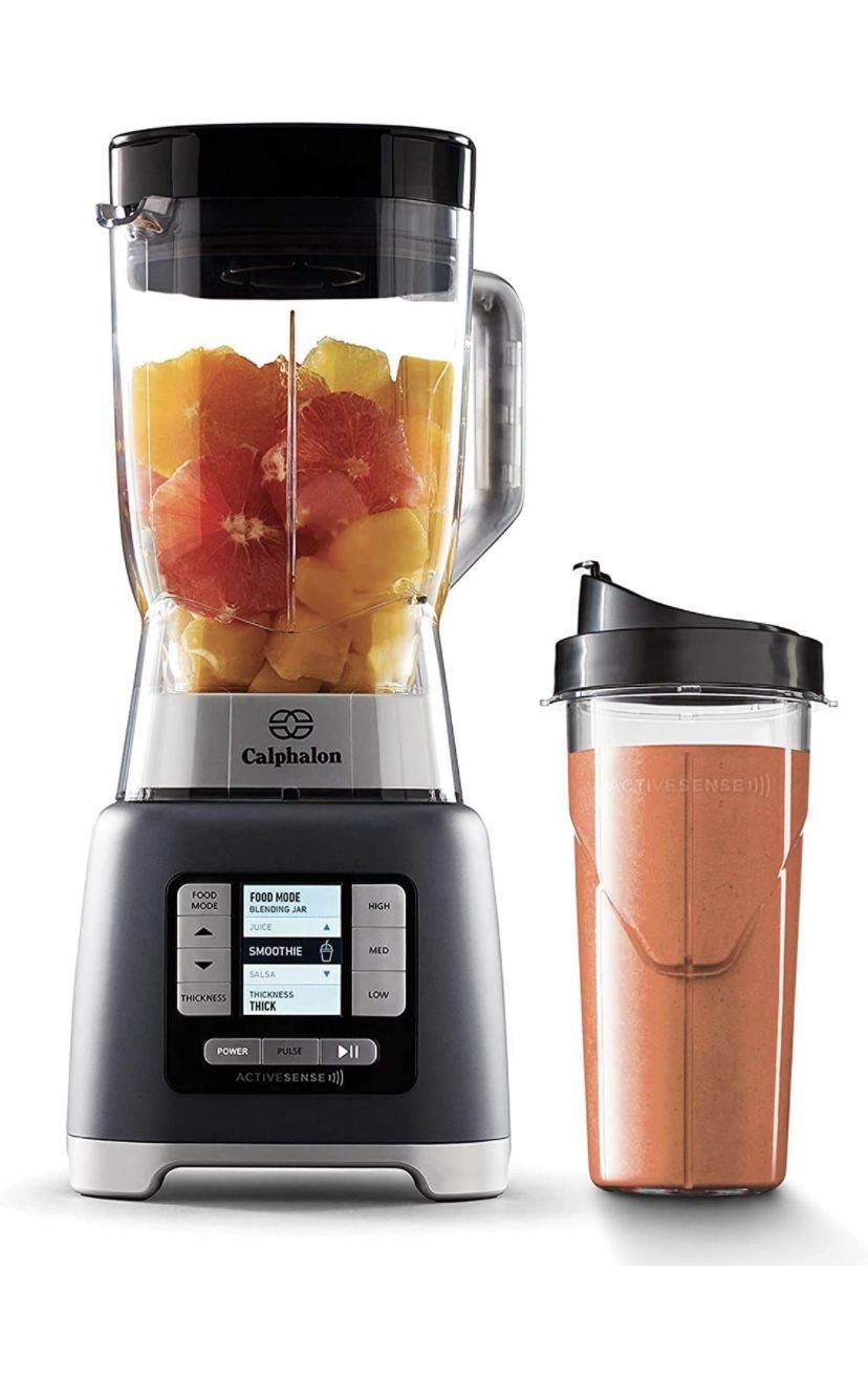 Calphalon Licuadora para batidos, batidos, salsa, batido, bebidas congeladas y jugos con tarro Tritan sin BPA de 68 onzas y botella batidora portátil