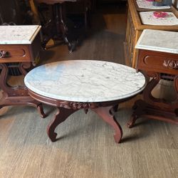 Antique Mahogany Harp And Rose Table Set With Italian Marble Tops