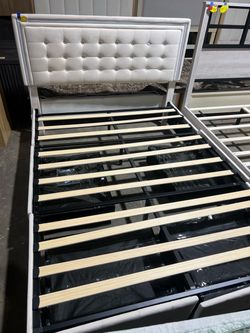 Full Size Platform Bed Frame with Adjustable Upholstered Headboard and RGB Light Strip in White with 4 drawers $150 🔥🔥🔥Second Location : Sweet Ho