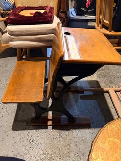 Antique Wood & Cast Iron School Desk with Folding Seat