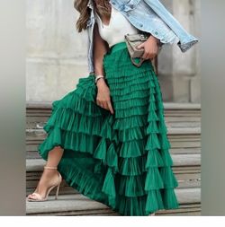 Green mesh tulle maxi skirt