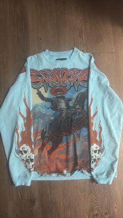 Light Blue godspeed Skeleton Cowboy Graphic Long Sleeve Shirt