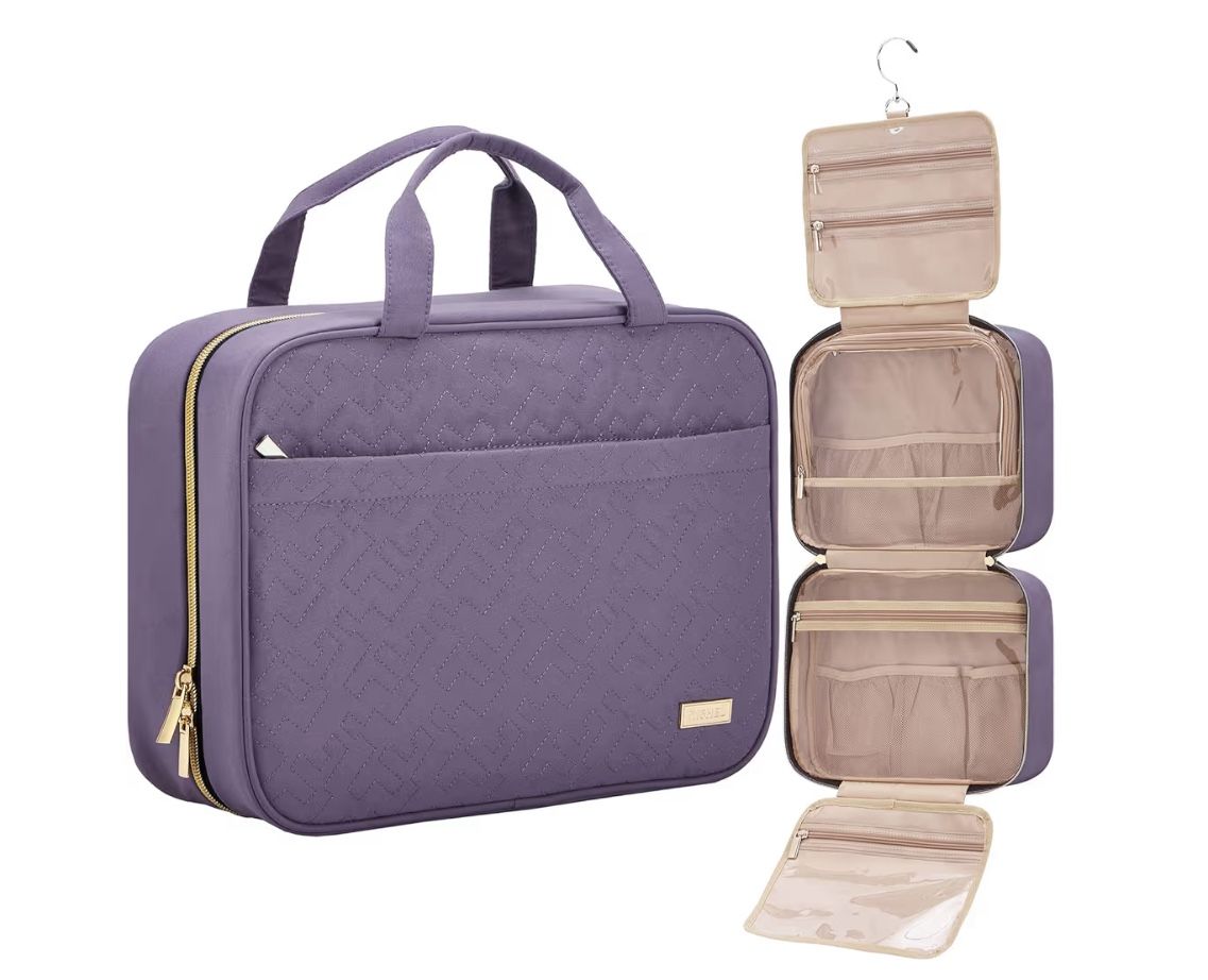 Brandnew Travel Toiletry Bag for women, Portable Hanging Organizer for Full-Sized Shampoo, Conditioner, Brushes Set, Makeup Accessories, Large Size, P