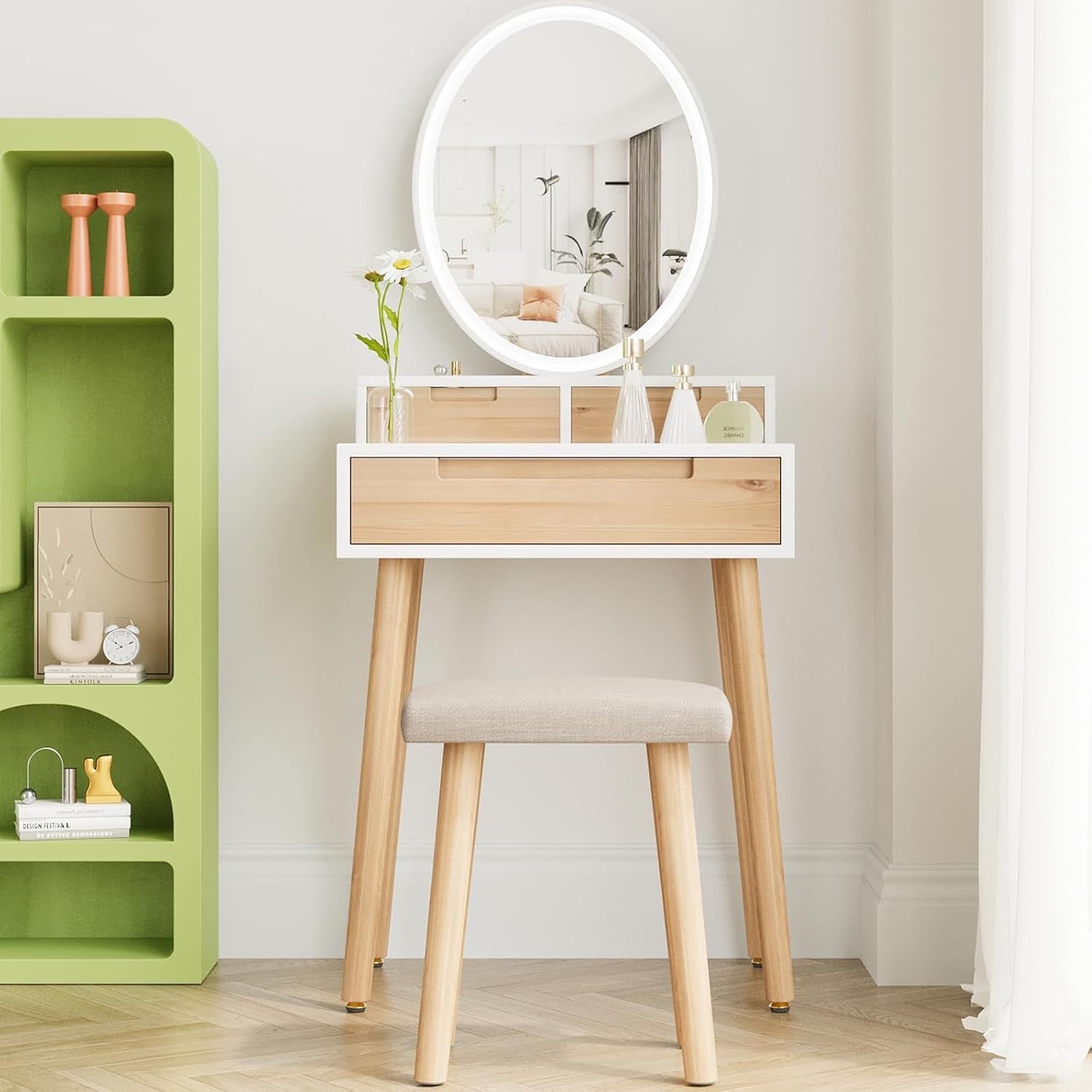 Small Makeup Vanity Desk with Lights, Compact Vanity Desk with Adjustable Brightness Mirror for Small Spaces, Dressing Table with Drawers and Storage