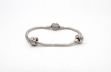PANDORA Sparkling Heart Sterling Silver CZ Bracelet 7.5" w/ 2 Charms 21.4g