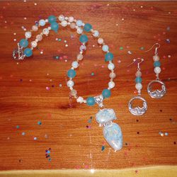 Aqua Terra Jasper Pendant Sunstone Frosted Sea Glass Beads Earrings Unique Beach Set