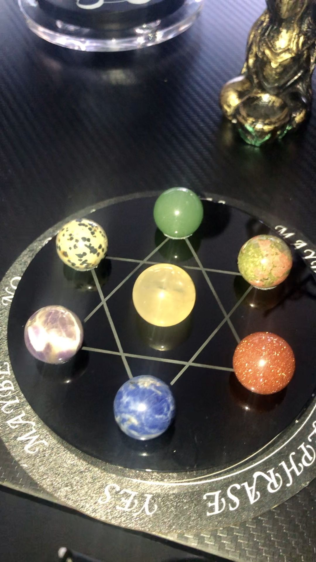 Natural Chakra Crystal Spheres On Pentagram Holder