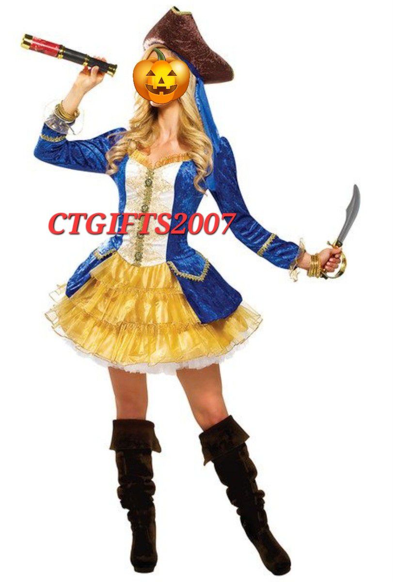 4 PC Goddessey Blue Classic Storybook Adult Sexy Pirate Halloween Costume Women.