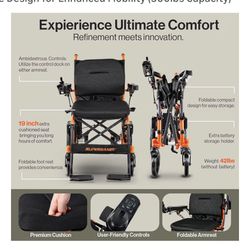SuperHandy GoRide 2 Electric Wheelchair - Lightweight (42lbs), Foldable, Dual Brushless Motors, Zero Turn, Electromagnetic Brake, Portable Design for 