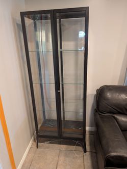 Black Glass Display Cabinet with Shelves and Lights
