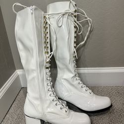 White Knee High Retro Boots 9