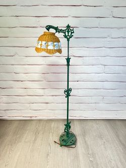 Antique Cottagecore Cast Iron Wicker Floor Lamp AS-IS
