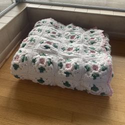 Hand Knitted  Pink And White Rose Bud Baby Blanket .