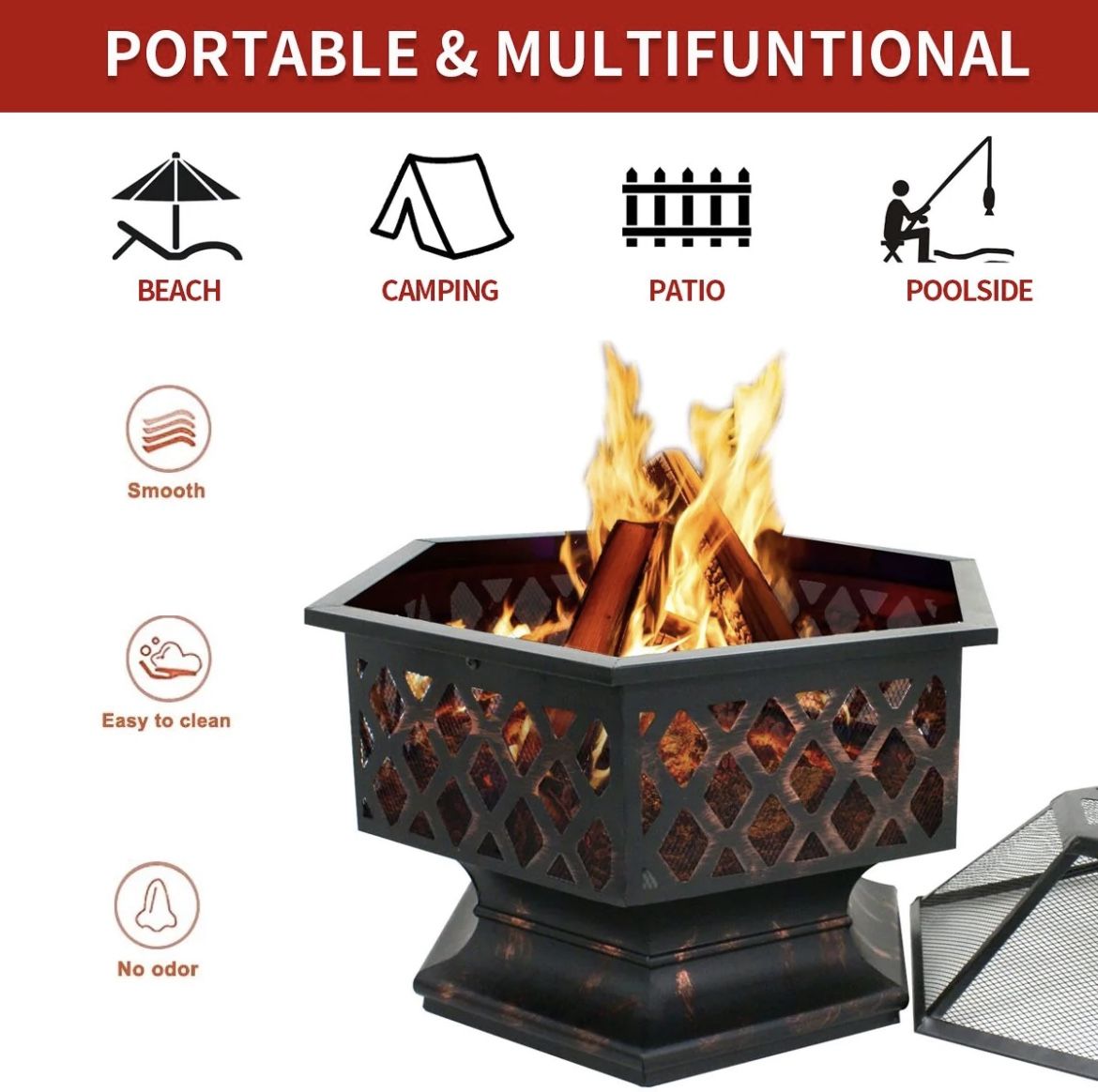 Hex Shaped Fire Pit for Garden 24 Inch Wood Burning Bonfire Firebowl Outdoor Portable Steel Firepit