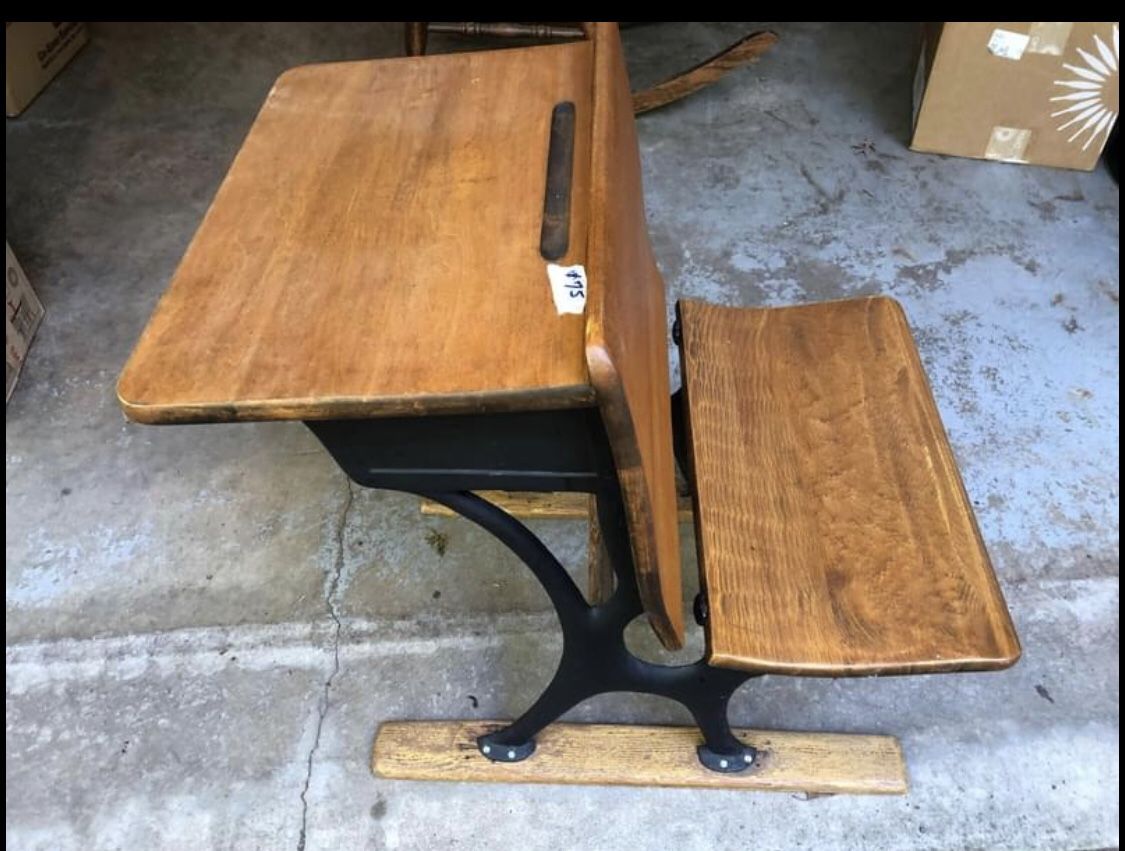 Antique Wood & Cast Iron Kids Desk Folding Seat