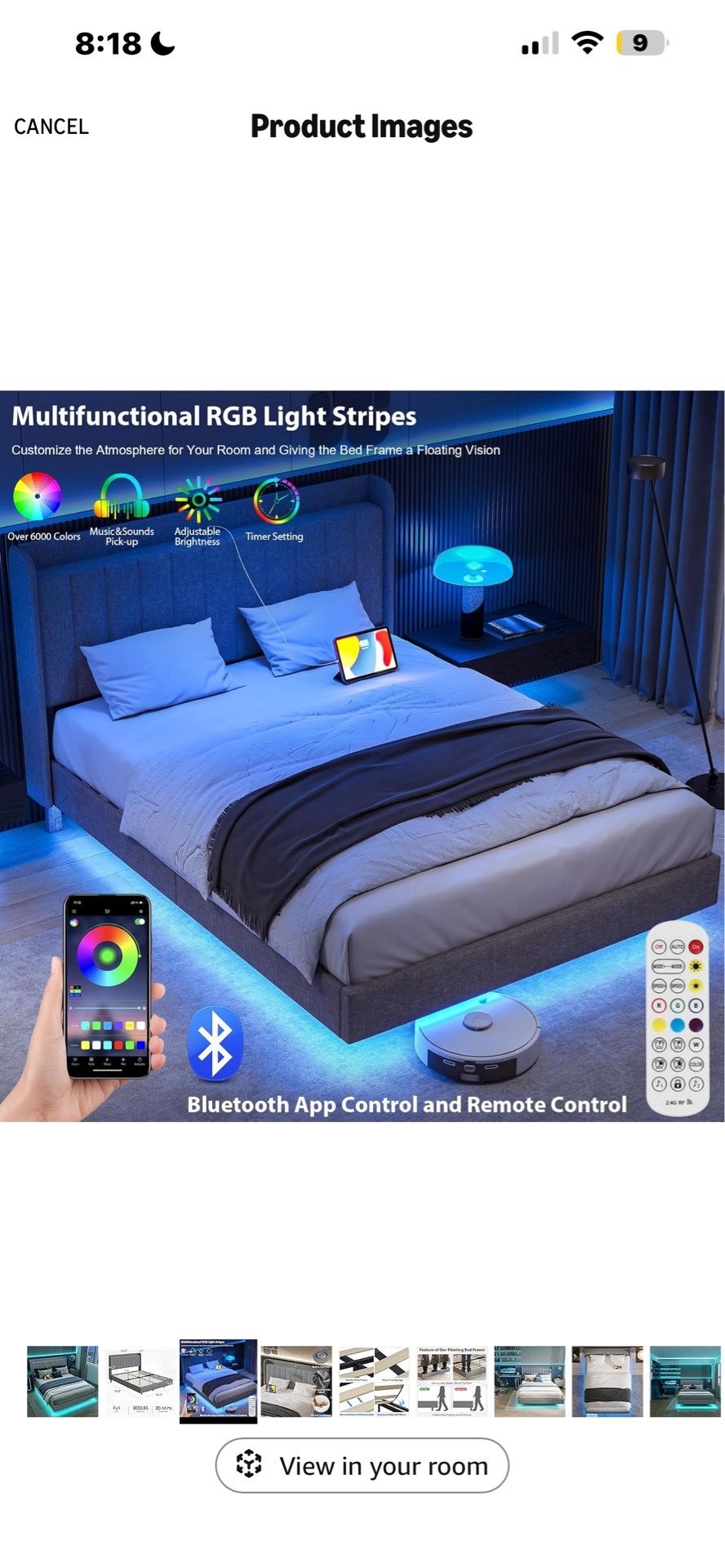 Saudism Full Size Upholstered Bed Frame, Floating Bed Frame with Wingback Storage Headboard, Type-C & USB Ports, LED Lights, Solid Wood Slats Support,