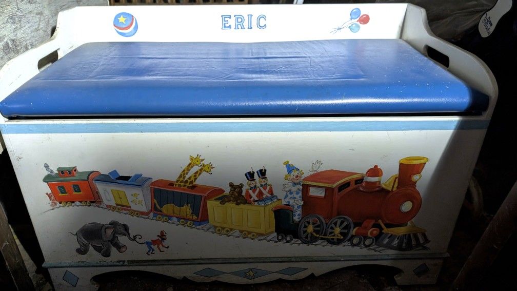 Beautiful Well Built Sturdy Toy Box For "ERIC". Train On the Front And A Nice Cushion Seat On Top.