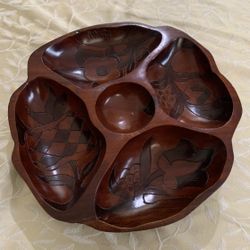 Vintage MCM Hand-Carved Wood 5-Compartment Serving Tray Aruba Folk Art 11”