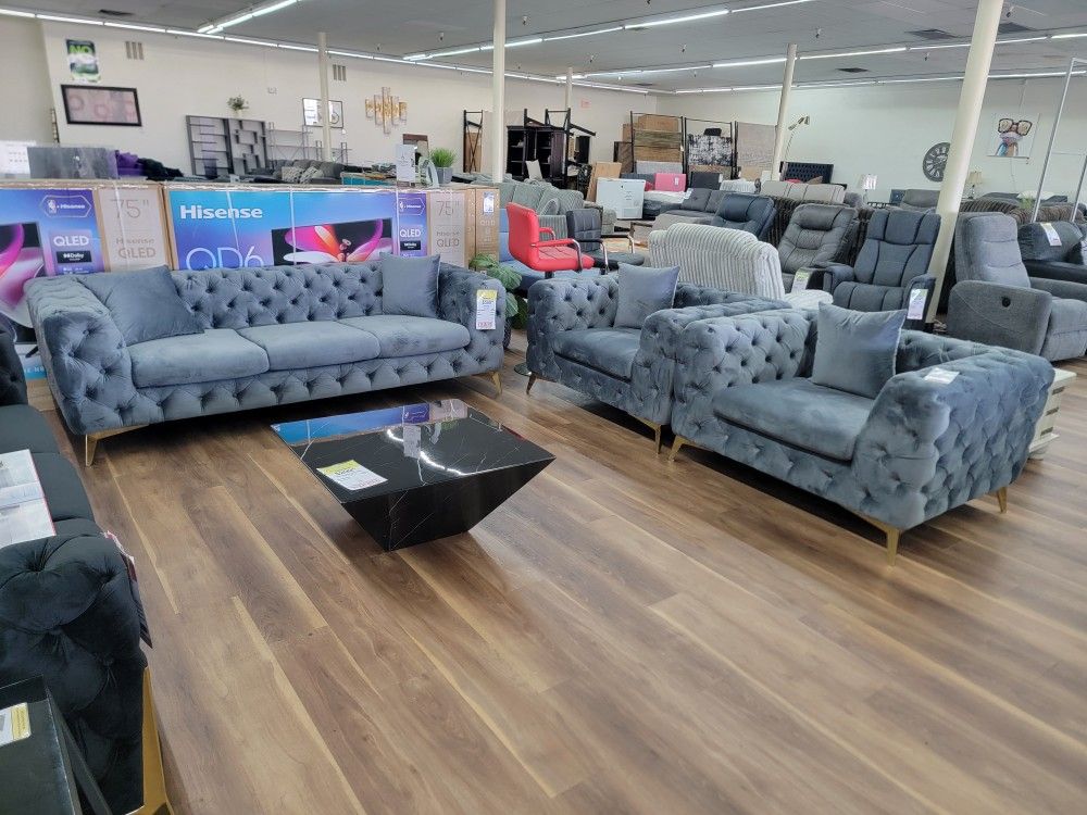 New 3pc Sofa Chair Set In Grey Velvet