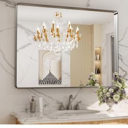 LOAAO 48X36 Inch Brushed Nickel Bathroom Mirror, Rounded Rectangle Silver Metal Frame Mirror, Brushed Nickel, Anti-Rust, Shatter Proof, Hangs Horizont