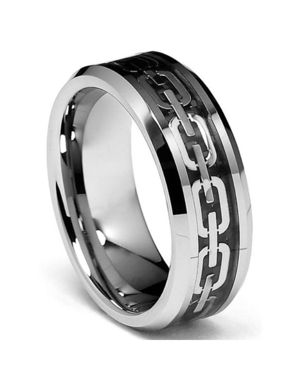 Size 9 Chain Link Inlay Beveled Tungsten Carbide Comfort Fit Wedding Ring