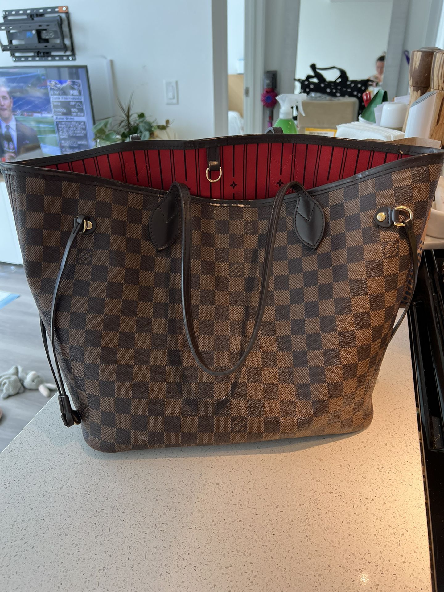 Louis Vuitton, Bags, Reduced Authentic Louis Vuitton Damier Ebene  Neverfull Mm With Pink Lining