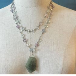 Belalgio Crystals Fluorite And Tourmalated Prehnite Pendant Necklace 