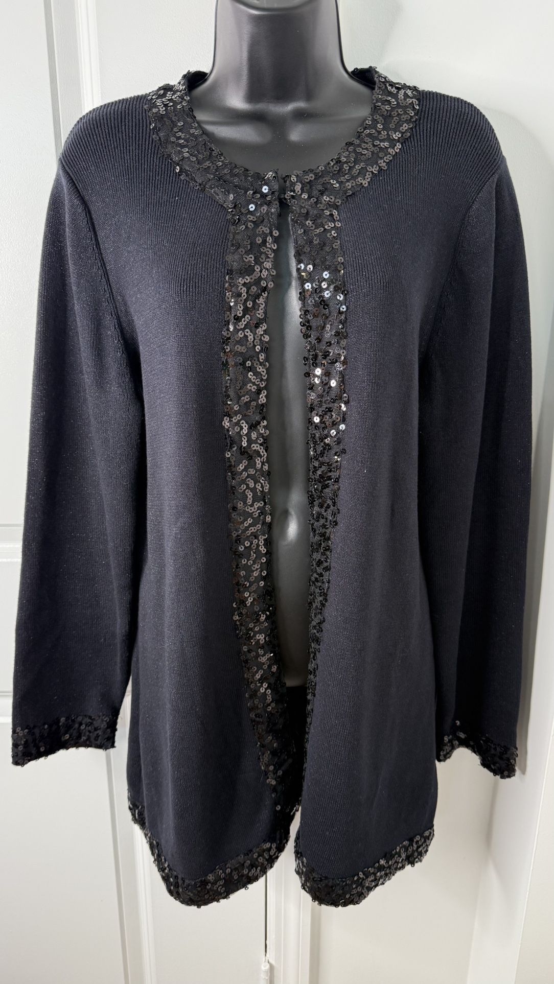 Dana Buchman Black Sequin Trim Open Cardigan Sweater Size XL