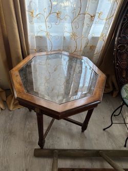 Octagonal Wood and Glass Side Table