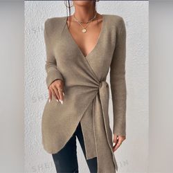 Oatmeal Tan  Puff Sleeve Self Wrap Tunic Sweater Soft Cozy Medium 