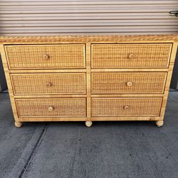 Vintage Honey Wicker six-drawer dresser