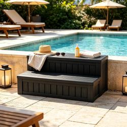 Hot Tub Steps with Storage 36.6" L Black Waterproof Plastic Outdoor Spa Stairs, Deck & Dock Access Stool  Multi-Purpose Prefab Step Stool for Indoor &