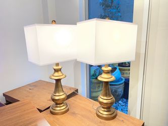 Pair of Elegant Gold Table Lamps with White Shades – Matching Set